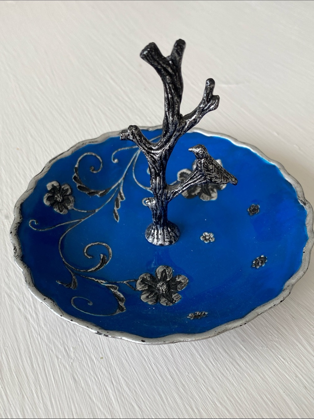 Blue Bird & Floral Gunmetal Tree Ring Dish Distressed Design Jewelry Organizer